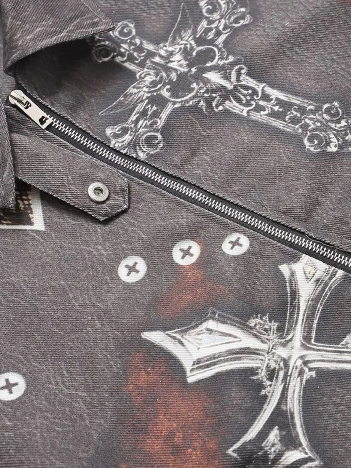 Men's Gothic Cross Print Distressed Denim Jacket