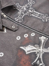 Men's Gothic Cross Print Distressed Denim Jacket