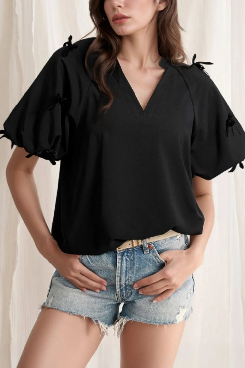 Bow Decor Puff Sleeve Blouse