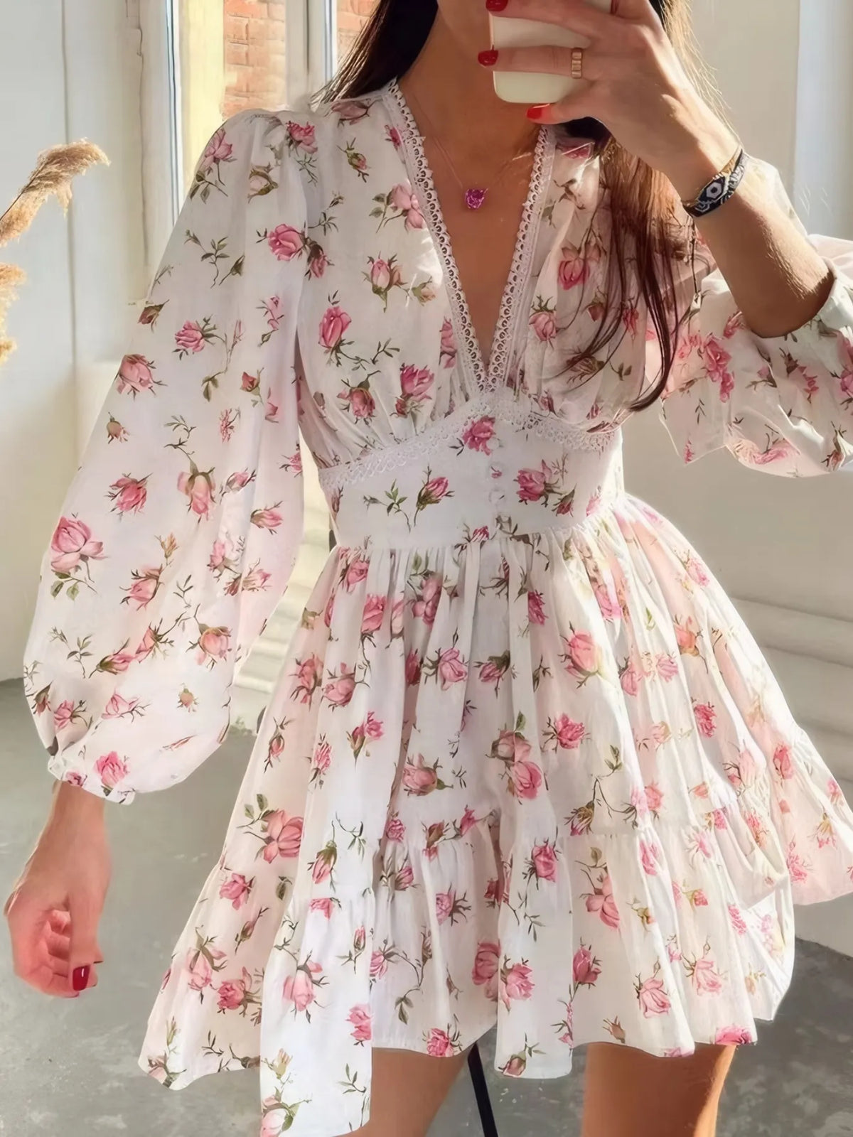 Full Size Floral Print Lace Detail V-Neck Mini Dress Plus SIze