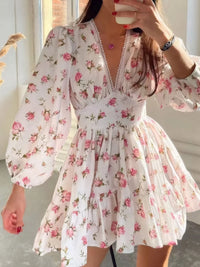 Full Size Floral Print Lace Detail V-Neck Mini Dress Plus SIze