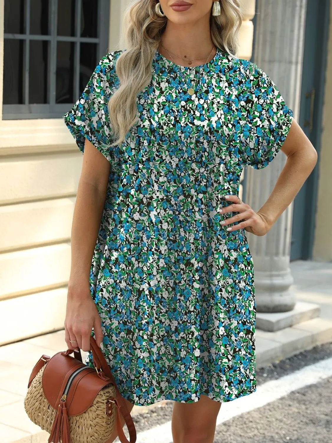 Printed Round Neck Short Sleeve Mini Dress