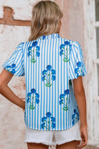 Stripe Floral Notched Neck Puff Sleeve Summer Blouse