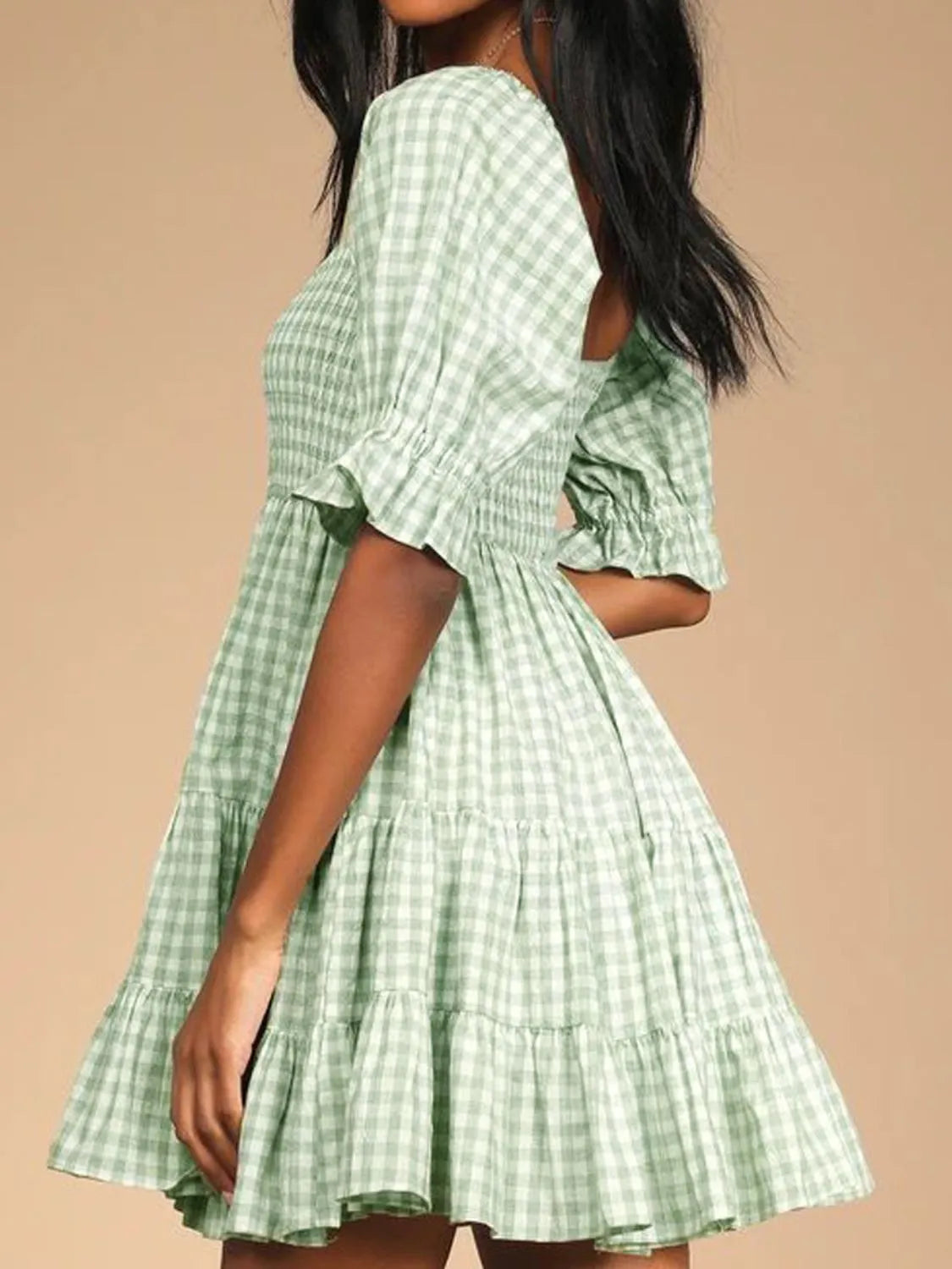 Ruffled Hem Plaid Half Sleeve Mini Dress