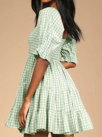 Ruffled Hem Plaid Half Sleeve Mini Dress