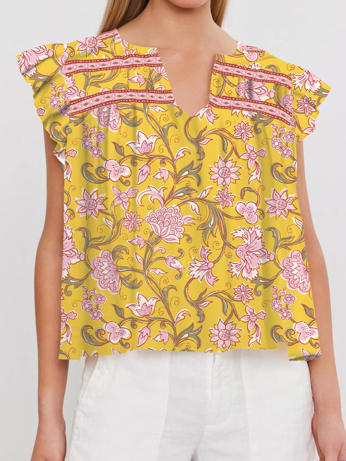 Floral Notched Neck Ruffled Sleeve Casual Blouse