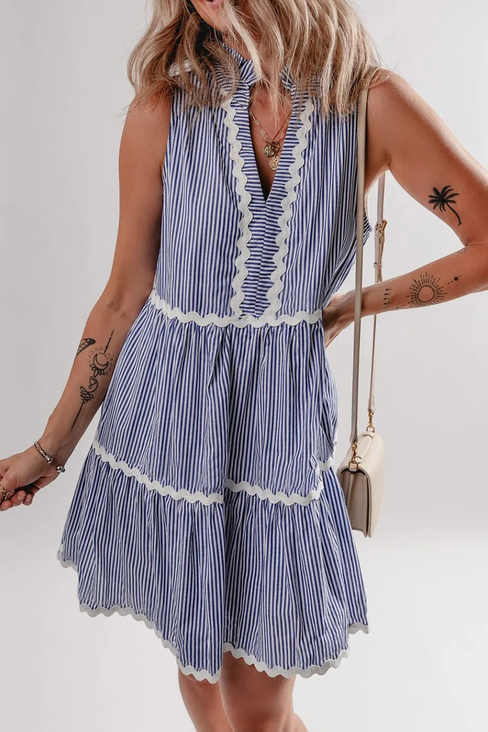 Stripe Sleeveless Notched Ric Rac Mini Dress