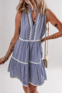 Stripe Sleeveless Notched Ric Rac Mini Dress