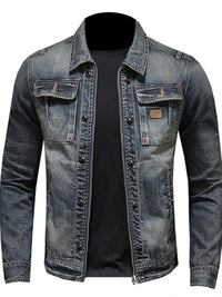 Men's Plus Size Washed Zip Up Denim Jacket with Chest Pockets