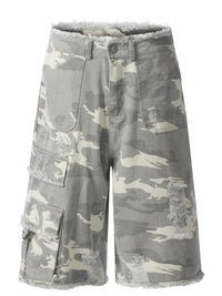 Men's Camouflage Denim Shorts with Raw Hem
