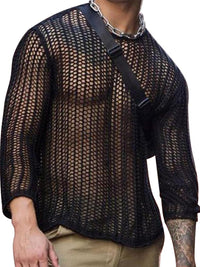Men's Full Size Hollow Out Round Neck Long Sleeve Top Plus Size