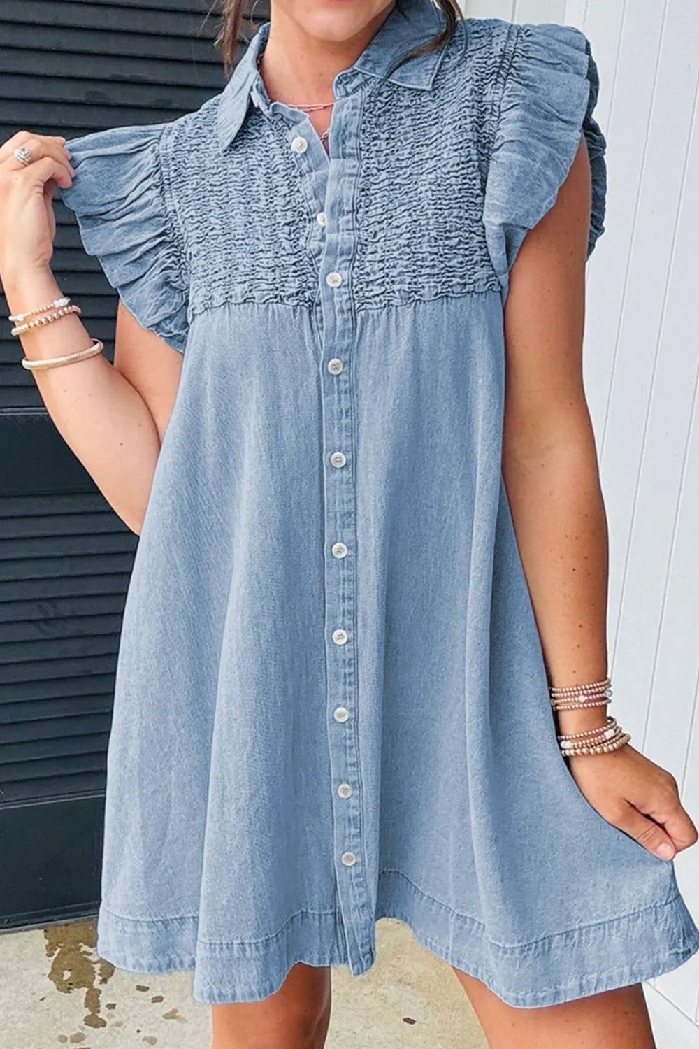 Smocked Collared Neck Cap Sleeve Denim Dress
