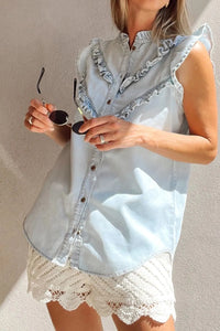 Frill Button Down Ruffled Cap Sleeve Denim Top