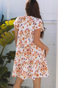 Printed Tie Neck Cap Sleeve Mini Dress