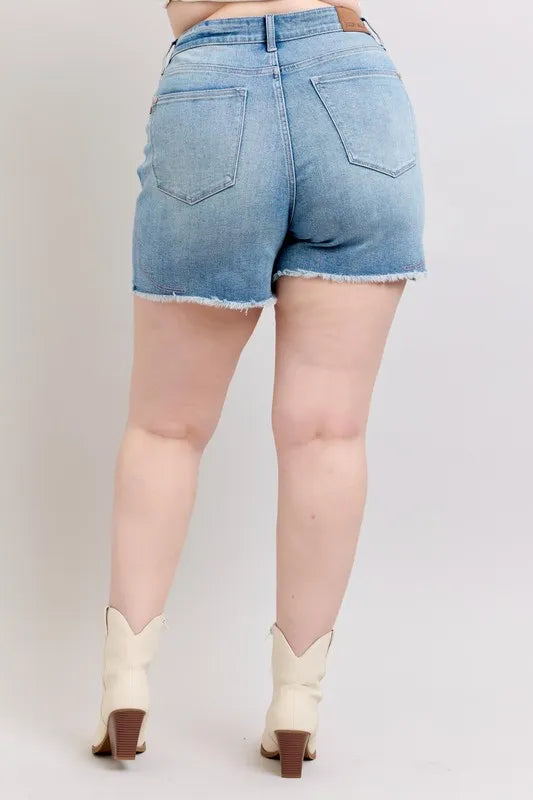 Judy Blue Full Size High Waist Western Embroidery Detail Cut Off Denim Shorts Plus Size