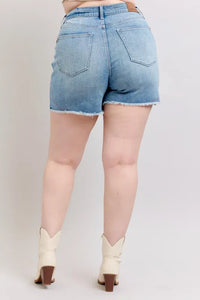 Judy Blue Full Size High Waist Western Embroidery Detail Cut Off Denim Shorts Plus Size
