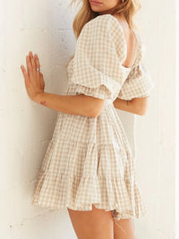 Ruffled Hem Plaid Half Sleeve Mini Dress