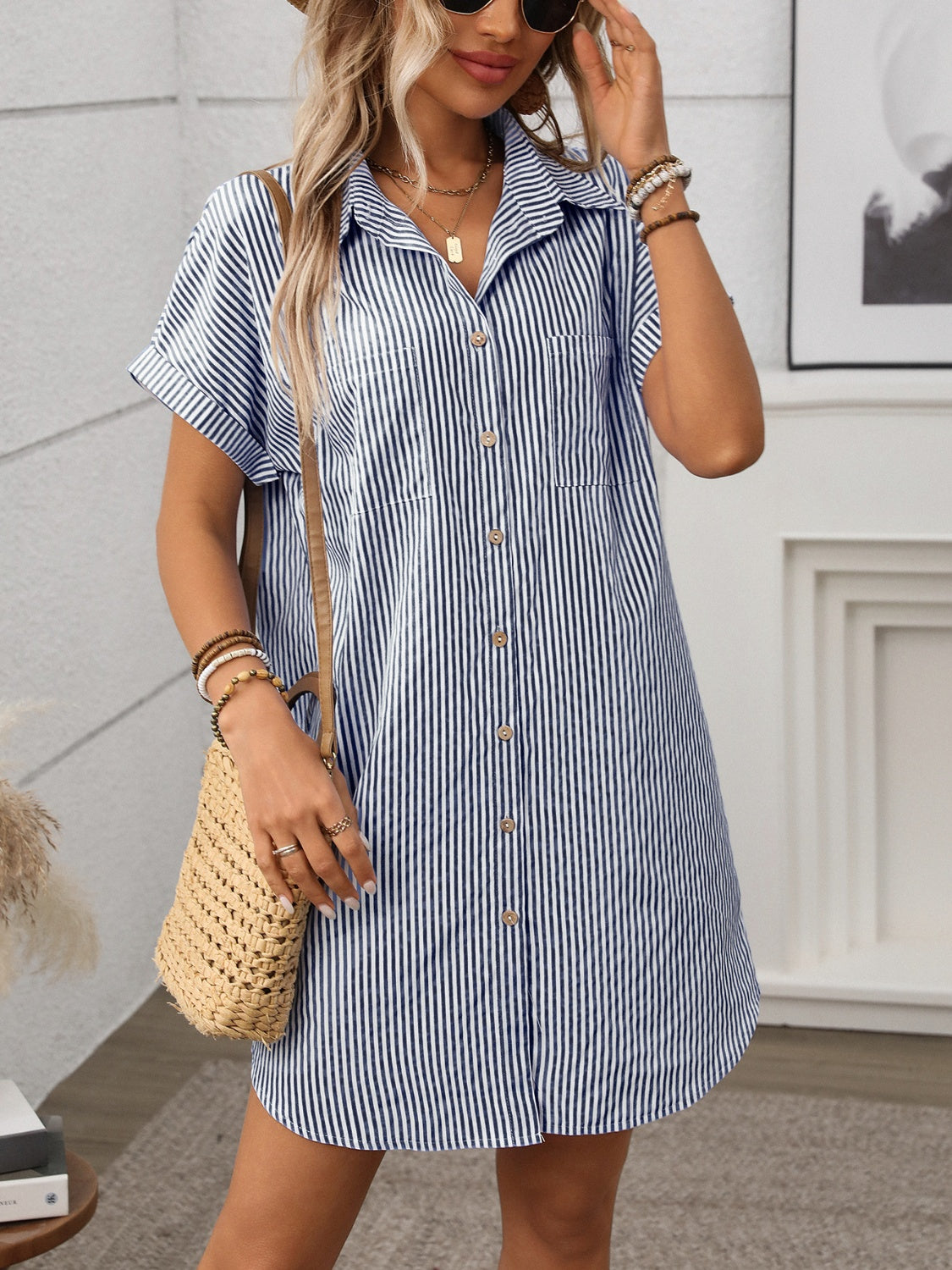 Striped Button Down Short Sleeve Mini Dress
