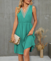 V-Neck Sleeveless Midi Dress with Lace Trim