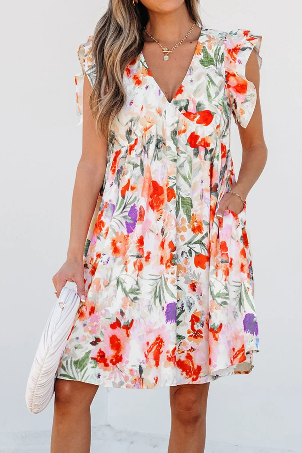 Floral Double Ruffle Sleeve V Neck Mini Dress