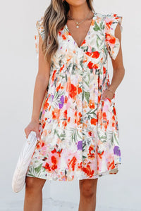 Floral Double Ruffle Sleeve V Neck Mini Dress