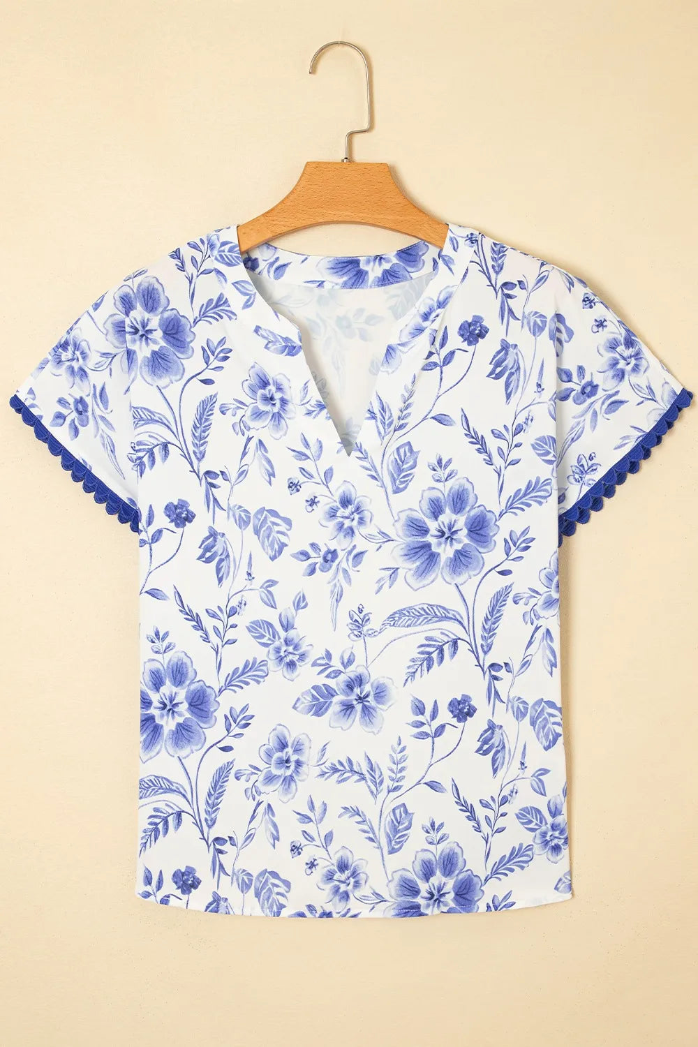 Floral Print Ricrac Trim Short Sleeve Blouse