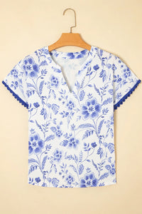 Floral Print Ricrac Trim Short Sleeve Blouse
