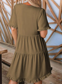 Tiered Notched Short Sleeve Mini Dress