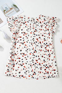 Abstract Print Ruffle Flutter Sleeve Keyhole Back Slim Blouse