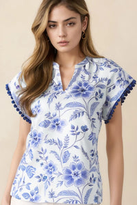 Floral Print Ricrac Trim Short Sleeve Blouse