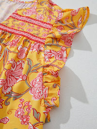 Floral Notched Neck Ruffled Sleeve Casual Blouse