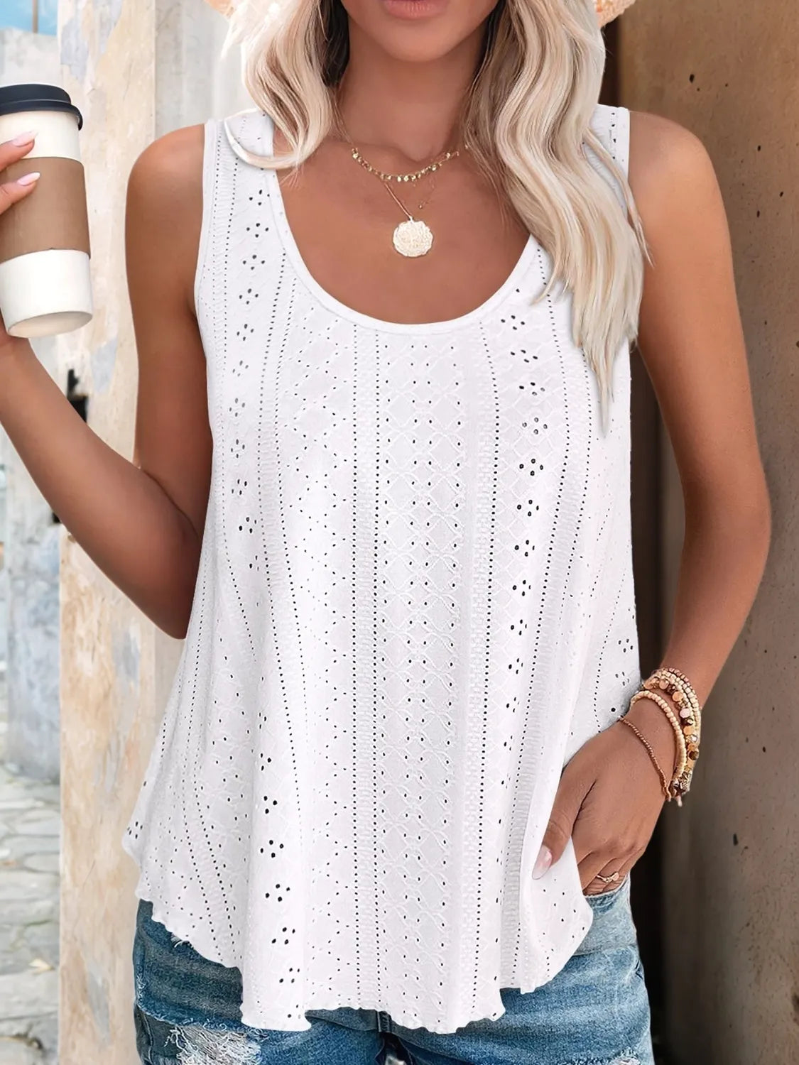Eyelet Scoop Neck Tank