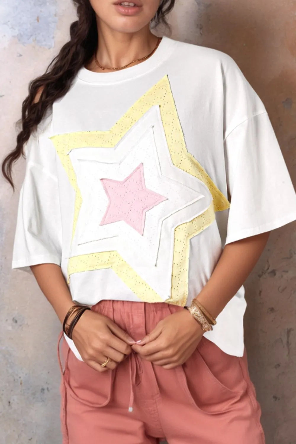 Star Layered Patched Graphic Drop Shoulder Half Sleeve Loose Tee