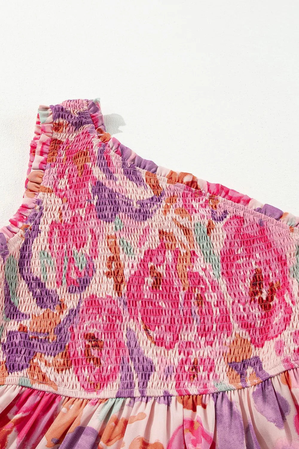 Floral Print Shirred One Shoulder Maxi Dress