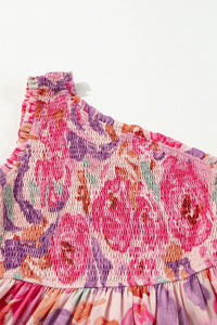 Floral Print Shirred One Shoulder Maxi Dress