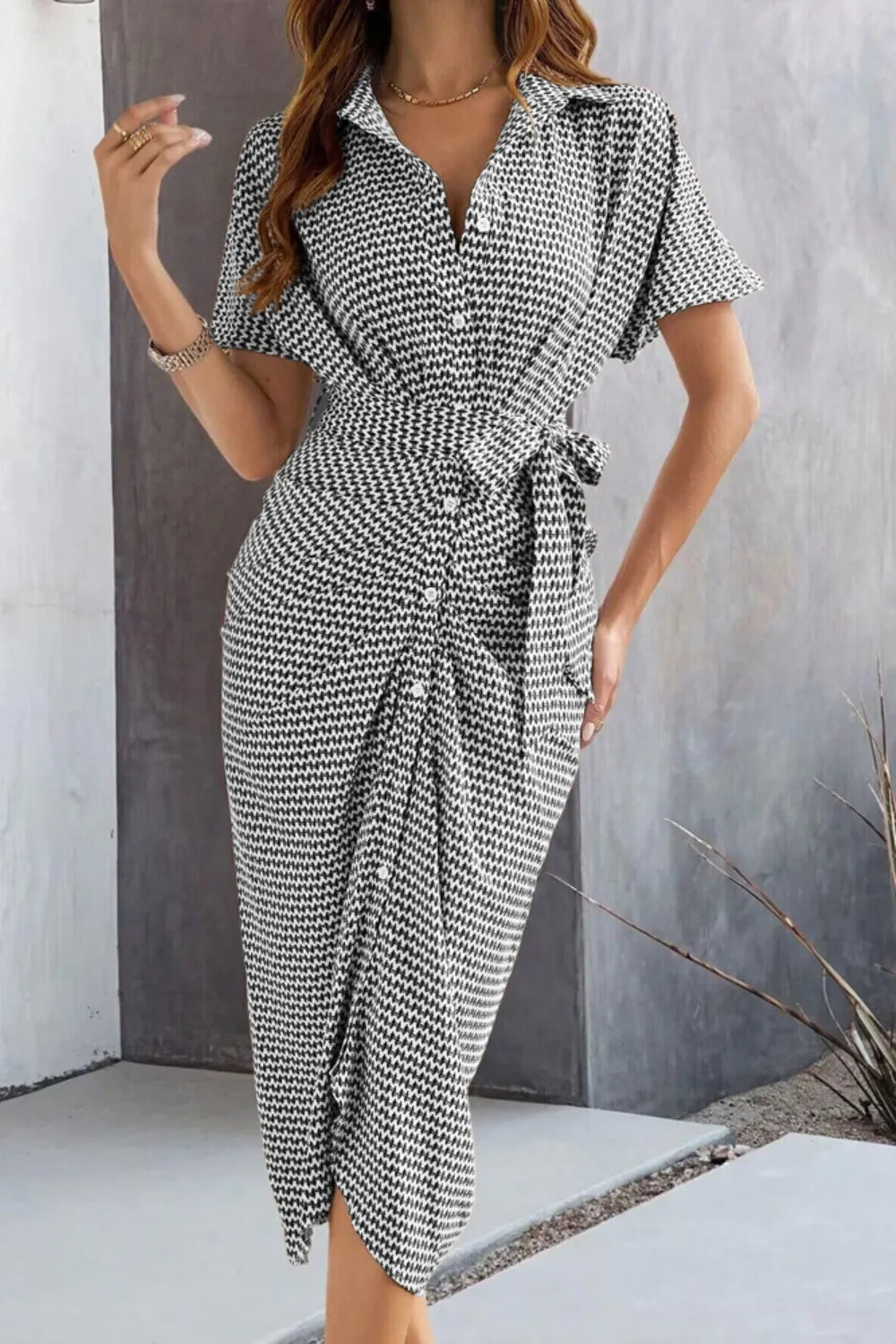 Devine Collared Neck Short Sleeve Midi Shirt Dress