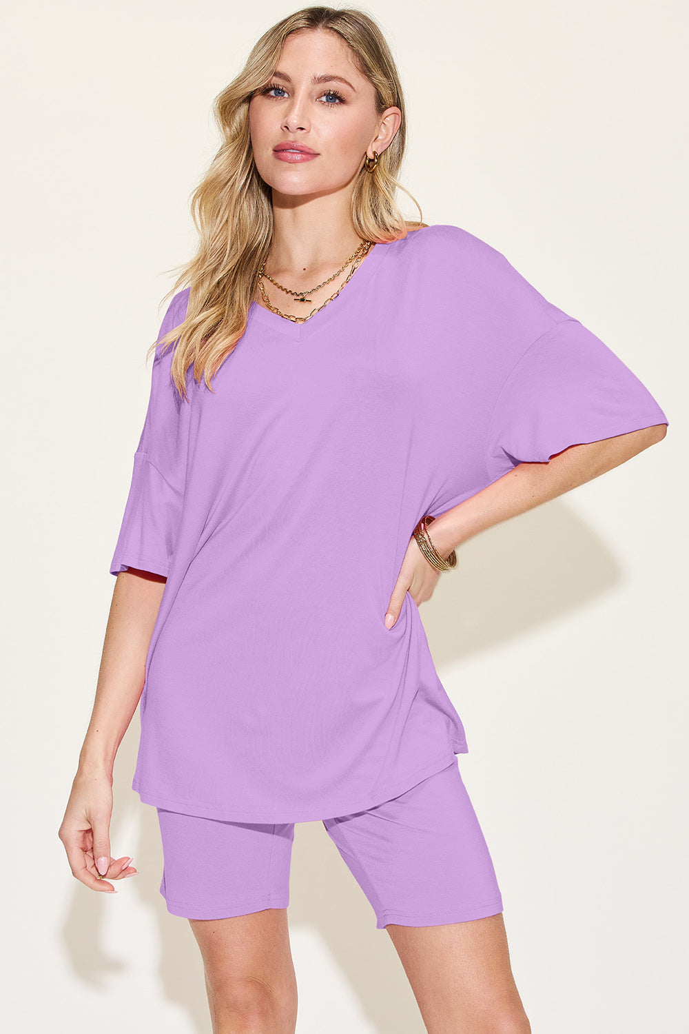 Bamboo Full Size V-Neck Drop Shoulder T-Shirt and Shorts Set