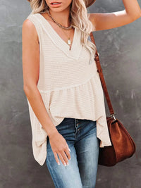 V-Neck Contrast Trim Waffle Knit Tank Top