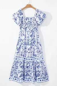 Smocked Printed Square Neck Puff Sleeve Dress