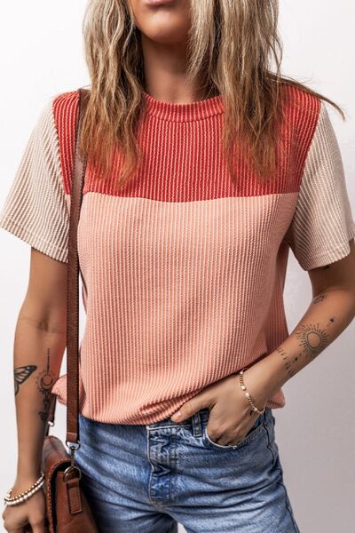 Color Block Round Neck Short Sleeve T-Shirt