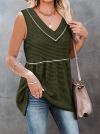 V-Neck Contrast Trim Waffle Knit Tank Top