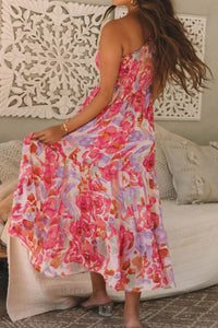 Floral Print Shirred One Shoulder Maxi Dress