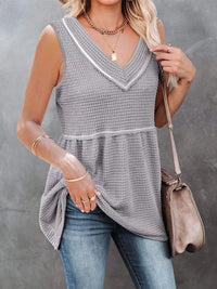 V-Neck Contrast Trim Waffle Knit Tank Top