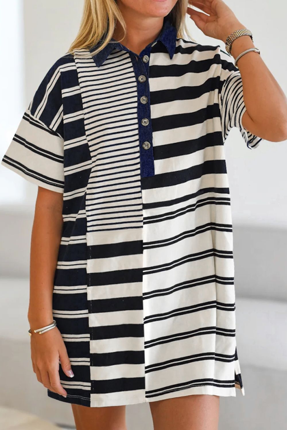 Button Detail Striped Short Sleeve Mini Dress