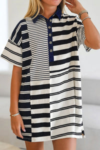 Button Detail Striped Short Sleeve Mini Dress