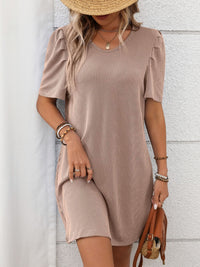 Textured Round Neck Short Sleeve Mini Dress