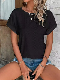 Eyelet Round Neck Short Sleeve T-Shirt