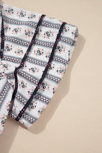 Floral Ruffled Collar Short Puff Sleeve Printed Blouse