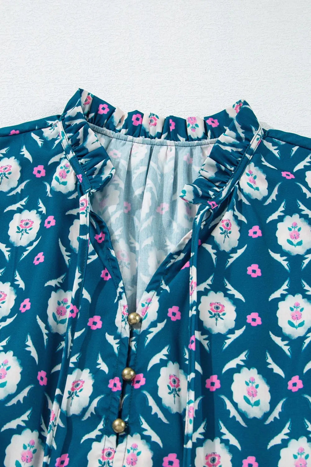 Printed Tie Neck Ruffled Cap Sleeve Dress