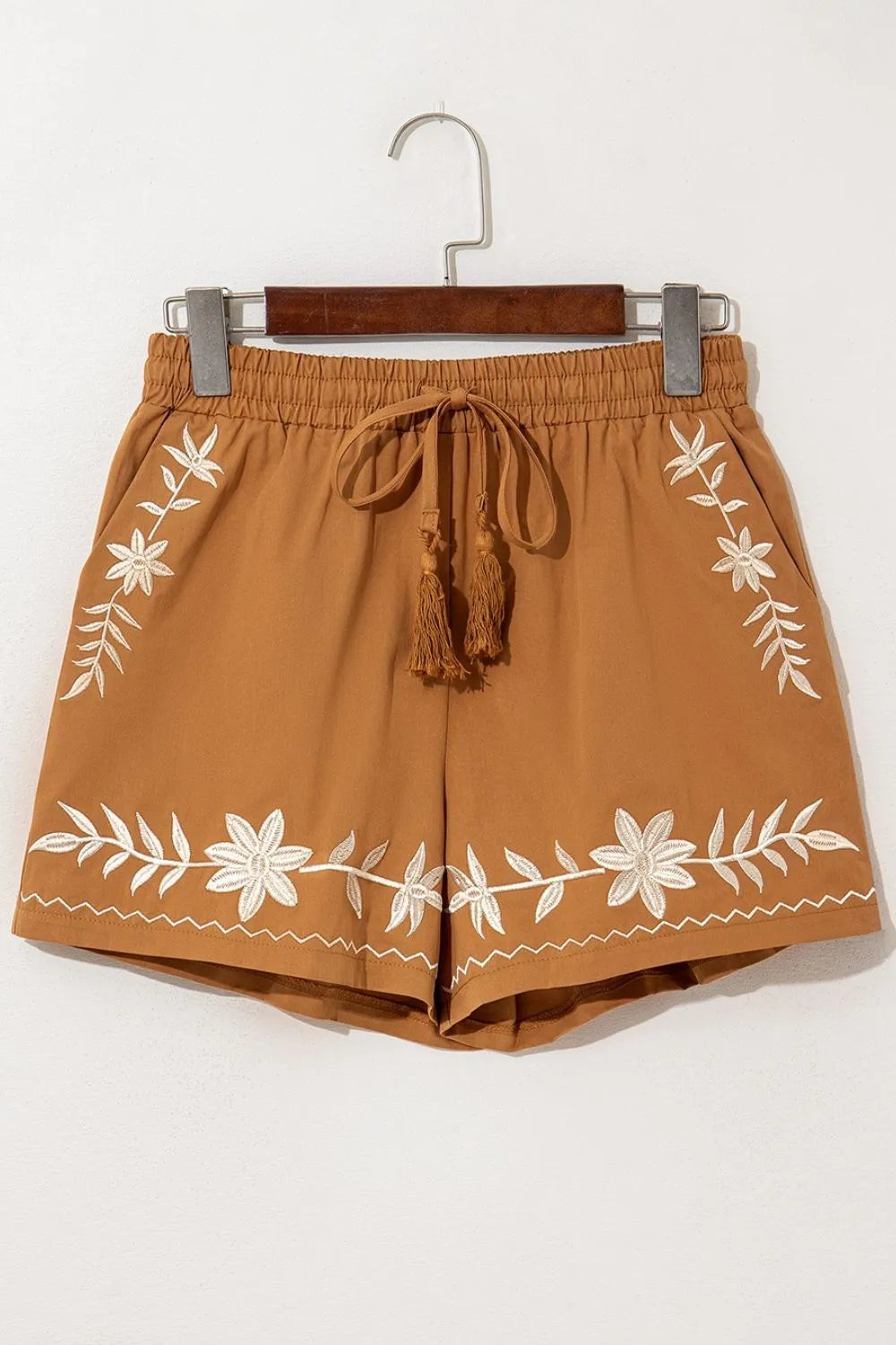 Embroidered Boho Tasseled Drawstring Elastic Waist Casual Shorts